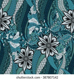 Tracery seamless calming pattern. Mehendi design. Neat even colorful harmonious doodle texture. Algae sea motif. Indifferent discreet. Ambitious bracing usable, curved doodling mehndi. Vector.