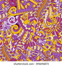 Tracery seamless calming pattern. Mehendi design. Ethnic colorful harmonious doodle texture. Indifferent discreet. Curved doodling mehndi motif. Vector.