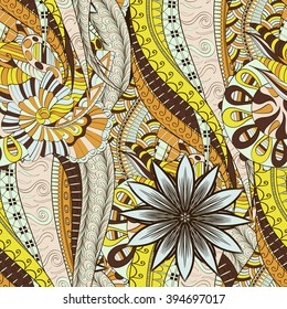 Tracery seamless calming pattern. Mehendi design. Ethnic colorful harmonious doodle texture. Indifferent discreet. Curved doodling mehndi motif. Vector.