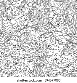 Tracery seamless calming pattern. Mehendi design. Ethnic monochrome binary harmonious doodle texture. Indifferent discreet. Curved doodling mehndi motif. Vector.
