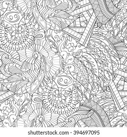 Tracery seamless calming pattern. Mehendi design. Ethnic colorful harmonious doodle texture. Indifferent discreet. Curved doodling mehndi motif. Vector.