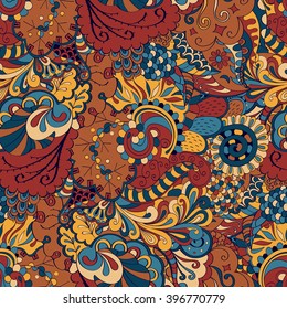 Tracery seamless calming pattern. Mehendi design. Ethnic colorful harmonious doodle texture. Indifferent discreet. Curved doodling mehndi motif. Vector.