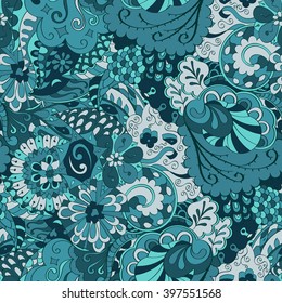 Tracery seamless calming pattern. Mehendi design. Ethnic colorful harmonious doodle texture. Indifferent discreet. Curved doodling mehndi motif. Vector.
