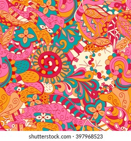 Tracery seamless calming pattern. Mehendi design. Ethnic colorful harmonious doodle texture. Indifferent discreet. Curved doodling mehndi motif. Vector.