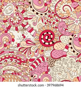 Tracery seamless calming pattern. Mehendi design. Ethnic colorful harmonious doodle texture. Indifferent discreet. Curved doodling mehndi motif. Vector.