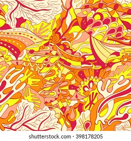 Tracery seamless calming pattern. Mehendi design. Ethnic colorful harmonious doodle texture. Indifferent discreet. Curved doodling mehndi motif. Vector.