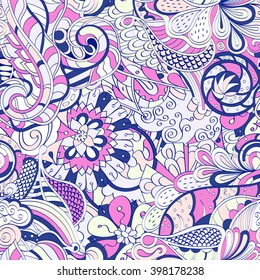 Tracery seamless calming pattern. Mehendi design. Ethnic colorful harmonious doodle texture. Indifferent discreet. Curved doodling mehndi motif. Vector.