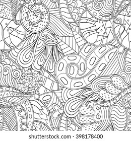 Tracery seamless calming pattern. Mehendi design. Ethnic monochrome binary harmonious doodle texture. Black and white. Indifferent discreet. Curved doodling mehndi motif. Vector.
