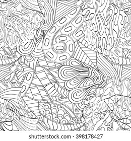 Tracery seamless calming pattern. Mehendi design. Ethnic monochrome binary harmonious doodle texture. Black and white. Indifferent discreet. Curved doodling mehndi motif. Vector.