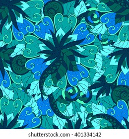 Tracery seamless calming pattern. Mehendi design. Ethnic blue green harmonious doodle texture. Indifferent discreet. Curved doodling mehndi motif. Vector.