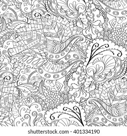 Tracery seamless calming pattern. Mehendi design. Ethnic monochrome binary harmonious doodle texture. Black and white. Indifferent discreet. Curved doodling mehndi motif. Vector.