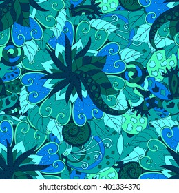 Tracery seamless calming pattern. Mehendi design. Ethnic blue green harmonious doodle texture. Indifferent discreet. Curved doodling mehndi motif. Vector.