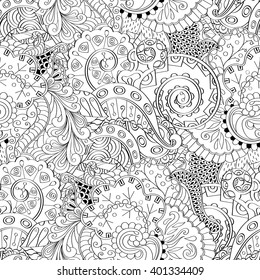 Tracery seamless calming pattern. Mehendi design. Ethnic monochrome binary harmonious doodle texture. Black and white. Indifferent discreet. Curved doodling mehndi motif. Vector.