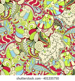 Tracery seamless calming pattern. Mehendi design. Ethnic colorful harmonious doodle texture. Indifferent discreet. Curved doodling mehndi motif. Vector.