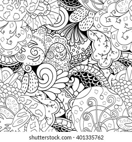 Tracery seamless calming pattern. Mehendi design. Ethnic monochrome binary harmonious doodle texture. Black and white. Indifferent discreet. Curved doodling mehndi motif. Vector.