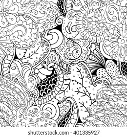 Tracery seamless calming pattern. Mehendi design. Ethnic monochrome binary harmonious doodle texture. Black and white. Indifferent discreet. Curved doodling mehndi motif. Vector.