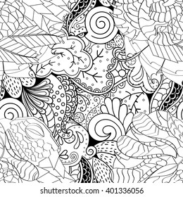 Tracery seamless calming pattern. Mehendi design. Ethnic monochrome binary harmonious doodle texture. Black and white. Indifferent discreet. Curved doodling mehndi motif. Vector.
