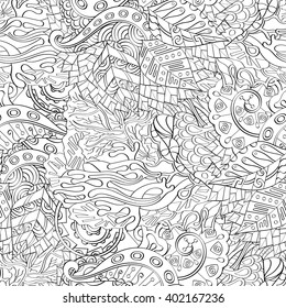 Tracery seamless calming pattern. Mehendi design. Ethnic monochrome binary harmonious doodle texture. Black and white. Indifferent discreet. Curved doodling mehndi motif. Vector.