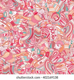Tracery seamless calming pattern. Mehendi design. Ethnic colorful harmonious doodle texture. Indifferent discreet. Curved doodling mehndi motif. Vector.