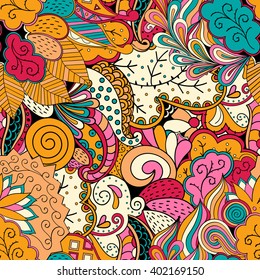 Tracery seamless calming pattern. Mehendi design. Ethnic colorful harmonious doodle texture. Indifferent discreet. Curved doodling mehndi motif. Vector.