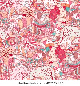 Tracery seamless calming pattern. Mehendi design. Ethnic colorful harmonious doodle texture. Indifferent discreet. Curved doodling mehndi motif. Vector.