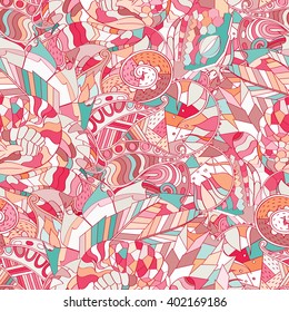 Tracery seamless calming pattern. Mehendi design. Ethnic colorful harmonious doodle texture. Indifferent discreet. Curved doodling mehndi motif. Vector.