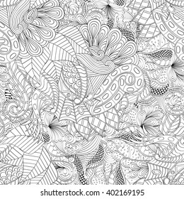 Tracery seamless calming pattern. Mehendi design. Ethnic monochrome binary harmonious doodle texture. Black and white. Indifferent discreet. Curved doodling mehndi motif. Vector.