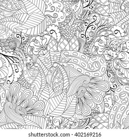 Tracery seamless calming pattern. Mehendi design. Ethnic monochrome binary harmonious doodle texture. Black and white. Indifferent discreet. Curved doodling mehndi motif. Vector.