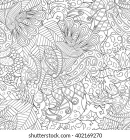 Tracery seamless calming pattern. Mehendi design. Ethnic monochrome binary harmonious doodle texture. Black and white. Indifferent discreet. Curved doodling mehndi motif. Vector.