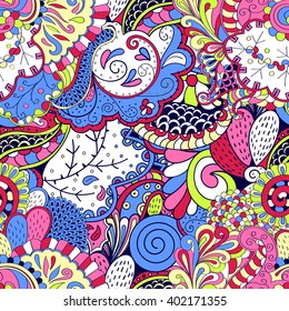 Tracery seamless calming pattern. Mehendi design. Ethnic colorful harmonious doodle texture. Indifferent discreet. Curved doodling mehndi motif. Vector.
