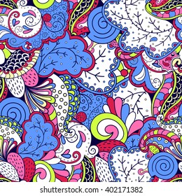 Tracery seamless calming pattern. Mehendi design. Ethnic colorful harmonious doodle texture. Indifferent discreet. Curved doodling mehndi motif. Vector.