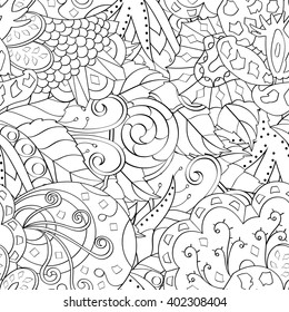 Tracery seamless calming pattern. Mehendi design. Ethnic monochrome binary harmonious doodle texture. Black and white. Indifferent discreet. Curved doodling mehndi motif. Vector.