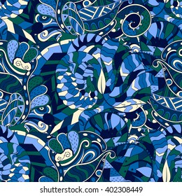 Tracery seamless calming pattern. Mehendi design. Ethnic blue harmonious doodle texture. Indifferent discreet. Curved doodling mehndi motif. Vector.
