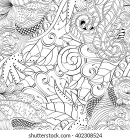Tracery seamless calming pattern. Mehendi design. Ethnic monochrome binary harmonious doodle texture. Black and white. Indifferent discreet. Curved doodling mehndi motif. Vector.