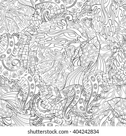 Tracery seamless calming pattern. Mehendi design. Ethnic monochrome binary harmonious doodle texture. Black and white. Indifferent discreet. Curved doodling mehndi motif. Vector.