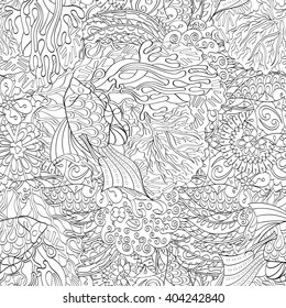 Tracery seamless calming pattern. Mehendi design. Ethnic monochrome binary harmonious doodle texture. Black and white. Indifferent discreet. Curved doodling mehndi motif. Vector.