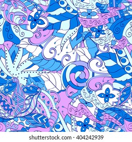Tracery seamless calming pattern. Mehendi design. Ethnic violet blue harmonious doodle texture. Indifferent discreet. Curved doodling mehndi motif. Vector.