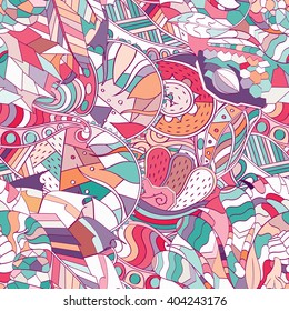 Tracery seamless calming pattern. Mehendi design. Ethnic colorful harmonious doodle texture. Indifferent discreet. Curved doodling mehndi motif. Vector.