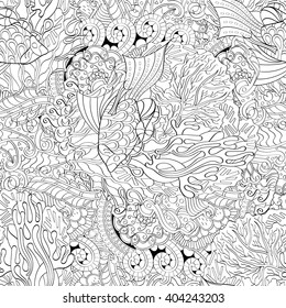 Tracery seamless calming pattern. Mehendi design. Ethnic monochrome binary harmonious doodle texture. Black and white. Indifferent discreet. Curved doodling mehndi motif. Vector.