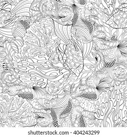 Tracery seamless calming pattern. Mehendi design. Ethnic monochrome binary harmonious doodle texture. Black and white. Indifferent discreet. Curved doodling mehndi motif. Vector.