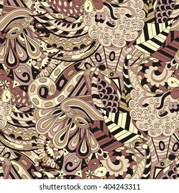 Tracery seamless calming pattern. Mehendi design. Ethnic colorful harmonious doodle texture. Indifferent discreet. Curved doodling mehndi motif. Vector.