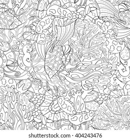 Tracery seamless calming pattern. Mehendi design. Ethnic monochrome binary harmonious doodle texture. Black and white. Indifferent discreet. Curved doodling mehndi motif. Vector.