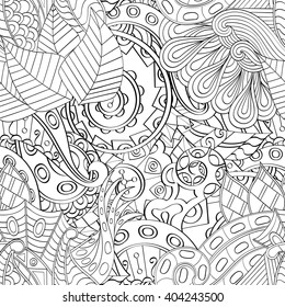 Tracery seamless calming pattern. Mehendi design. Ethnic monochrome binary harmonious doodle texture. Black and white. Indifferent discreet. Curved doodling mehndi motif. Vector.