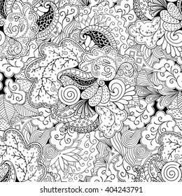 Tracery seamless calming pattern. Mehendi design. Ethnic monochrome binary harmonious doodle texture. Black and white. Indifferent discreet. Curved doodling mehndi motif. Vector.