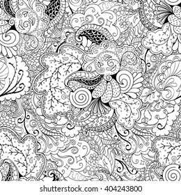 Tracery seamless calming pattern. Mehendi design. Ethnic monochrome binary harmonious doodle texture. Black and white. Indifferent discreet. Curved doodling mehndi motif. Vector.