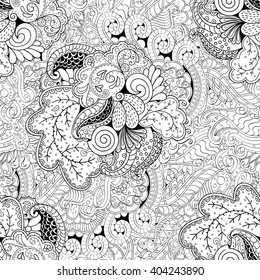 Tracery seamless calming pattern. Mehendi design. Ethnic monochrome binary harmonious doodle texture. Black and white. Indifferent discreet. Curved doodling mehndi motif. Vector.