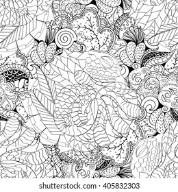 Tracery seamless calming pattern. Mehendi design. Ethnic monochrome binary harmonious doodle texture. Black and white. Indifferent discreet. Curved doodling mehndi motif. Vector.