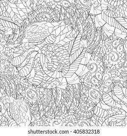 Tracery seamless calming pattern. Mehendi design. Ethnic monochrome binary harmonious doodle texture. Black and white. Indifferent discreet. Curved doodling mehndi motif. Vector.