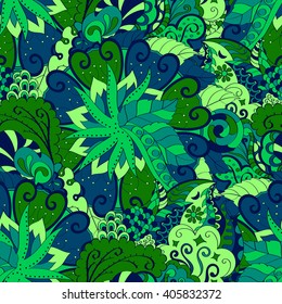 Tracery seamless calming pattern. Mehendi design. Ethnic green harmonious doodle texture. Indifferent discreet. Curved doodling mehndi motif. Vector.