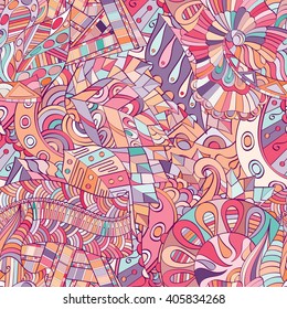 Tracery seamless calming pattern. Mehendi design. Ethnic colorful harmonious doodle texture. Indifferent discreet. Curved doodling mehndi motif. Vector.